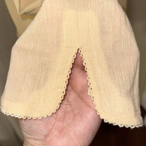 fp S Pale Yellow On The Island Crochet Yoke High Neck Sheer Mesh Bell Sleeve Top - Picture 8 of 14